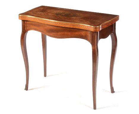 A French walnut and brass inlaid serpentine card table, the hinged swivel top opening to reveal a baize lined playing surface