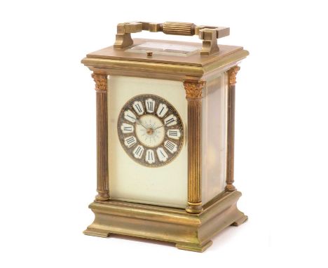 A late 19th Century repeating carriage clock, by E. Maurice &amp; Co, the blue and white roman dial fitted a repeater movemen