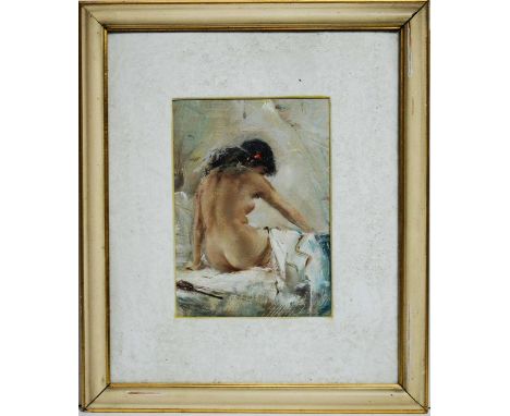 British School, 19th/20th CenturyPortrait of a lady on a bed,signed indistinctly,oil on board, 35 x 26cms, in a white painted