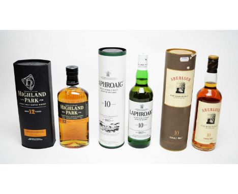 Laphroaig aged 10 years Islay single malt scotch whisky, Islay, 40% vol. 70cl., in tube, one bottle; Highland Park aged 12 ye