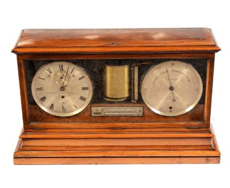 A Victorian walnut cased weather station, by T.V. Winter, Grey Street, Newcastle upon Tyne, with central barograph above a th