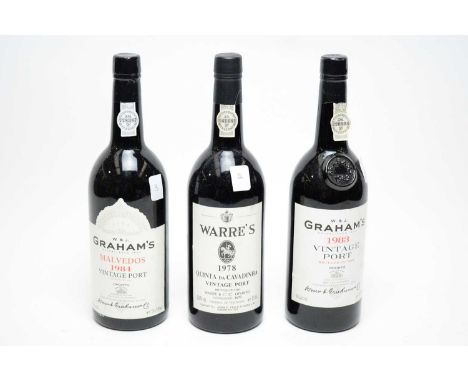 Three bottle of Vintage Port comprising: Warre's 1978 Quinta da Cavadinha; W &amp; J Graham's 1983; and W &amp; J Graham's Ma