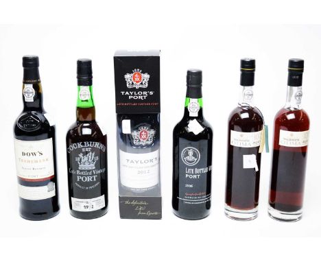 Six bottles of Port comprising: Taylors late bottled vintage port 2012, in carton; a Dow's trademark finest reserve port; two