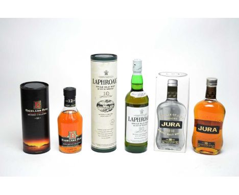 Jura 10 years old single malt scotch whisky, 40% vol. 70cl, in carton; Laphroaig 10 years old single malt scotch whisky, 40% 