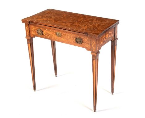 A 19th Century Dutch inlaid walnut card table, the breakfront rectangular folding top opening to reveal baize lined playing s