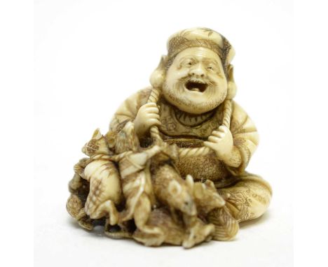 A 19th century Japanese Ivory Netsuke in the form of Daikoku seated with a group of rats, some partially clothed, pulling a r