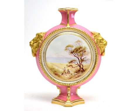 A Derby Crown Porcelain Company bone china moon flask, circa 1880, painted with two circular landscape panels with figures wi