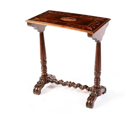 An inlaid mahogany and yew wood Killarney table, Victorian and later, with inlaid top decorated with a central oval panel dep