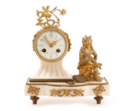 A 19th Century French mantel clock, the white enamel arabic dial with floral swag decoration, fitted an 8-day movement by Jap