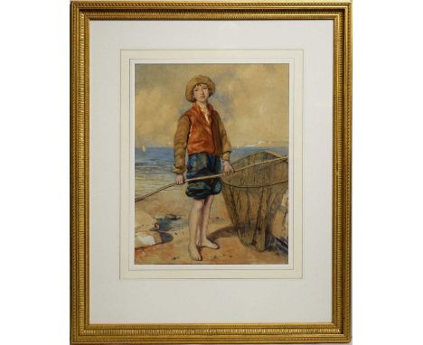 British School, 19th CenturyPortrait of a young fisherboy holding a shrimping net,signed 'C V 1844',watercolour,47 x 36cms, i