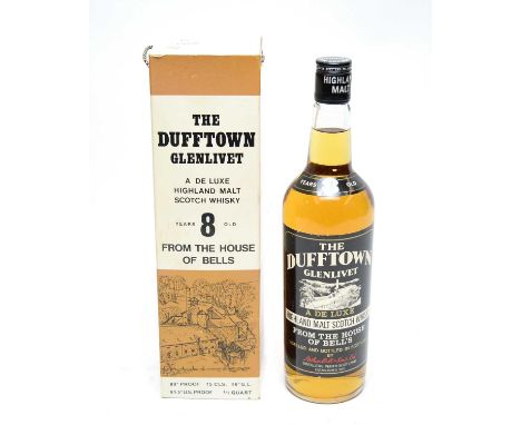 Dufftown-Glenlivet 8 years old de luxe highland malt scotch whisky, 70' proof, 26 2/3rds Fl. ozs, distilled by Arthur Bell an