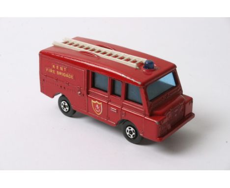 Matchbox Superfast No 57 Land Rover Fire Truck having Kent Fire Brigade Decals, white plastic ladder and unusual maroon twin 