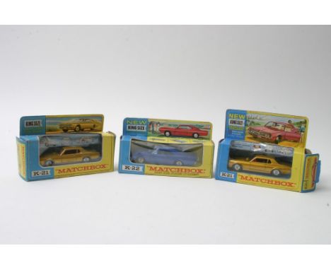 Matchbox King Size boxed K-21 Mercury Cougar with true guide steering, K-21 Mercury Cougar and K-22 Dodge Charger. 