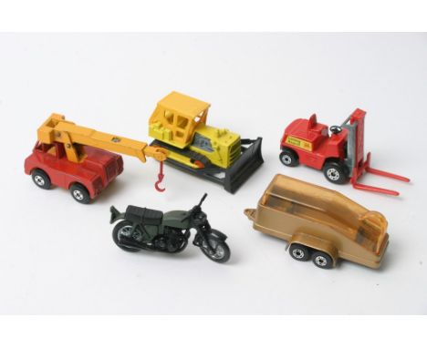 Matchbox Superfast No 42 Iron Fairy Crane, No 64 Lesney Caterpillar Tractor missing year date from base, No 14 Fork Lift Truc