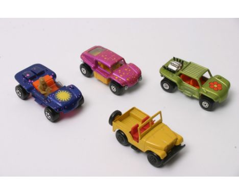 Matchbox Superfast No. 30 beach buggy, No 47 Beach Hopper, No 13 Baja Buggy and No 72 Jeep with black base plate having black