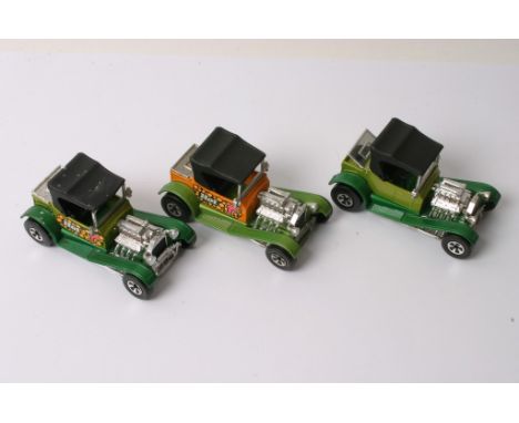 Three Matchbox Speed Kings No 50 Model Ford T Street Rod, two in standard two tone green one having Hot T decal, the other in