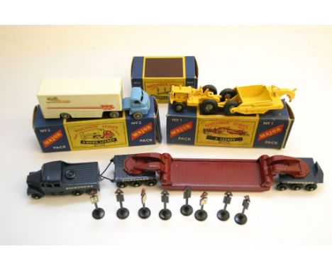 A Matchbox series major pack No.6 Pickfords Crane 200 ton transporter, a Major Pack M-1 Caterpillar earth mover,  Matchbox Ma