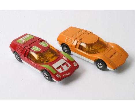 A Matchbox Superfast No. 66 Mazda RX 500 in orange having amber windows, opening boot revealing silver engine and off white b