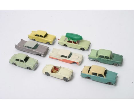 Matchbox Regular Wheels No.45 Ford Corsair with boat on roof rack, No. 57 Wolseley 1500, Austin A55 Cambridge, Cadillac Sixty