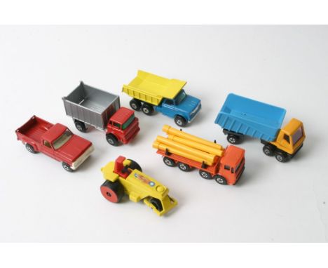 A Matchbox Superfast No. 48 dumper truck, No.26 GMC Tipper Truck with white chasis with red plastic base, No 6 Pick Up Truck,