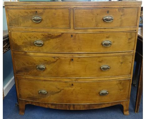 A late Georgian mahogany bow fronted chest, fitted with two short and three long drawers on bracket feet.