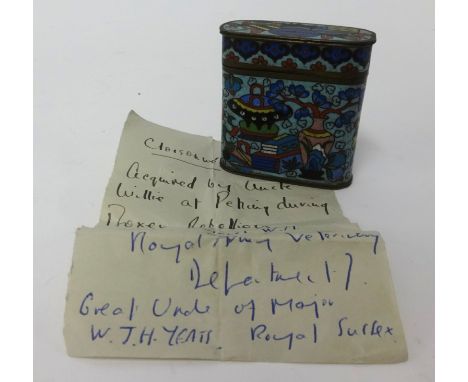 Cloisonné enamelled box and cover inside a hand written note "Acquired by Uncle Willy at Peking during a boxer rebellion. 'Co