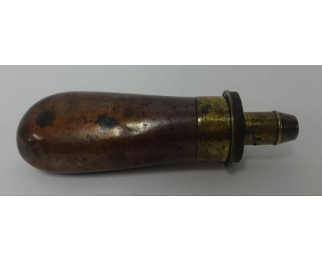 A 19th Century copper and brass powder flask, length 16cm.