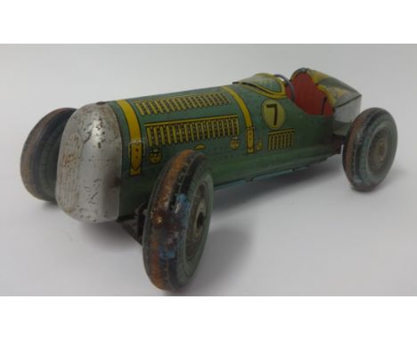 Clockwork tin metal racing car plus Tri-ang Loco wooden train, Codeg metal bumper car and wooden army jeep (4).