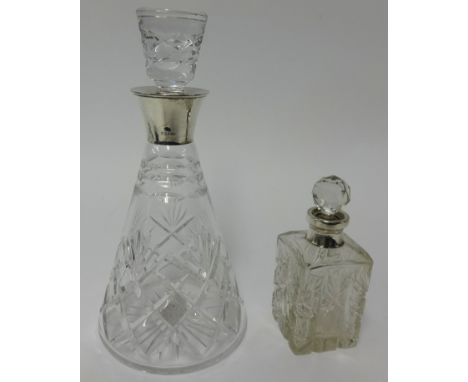 Silver mounted conical shape glass decanter together with a silver mounted scent bottle (2)