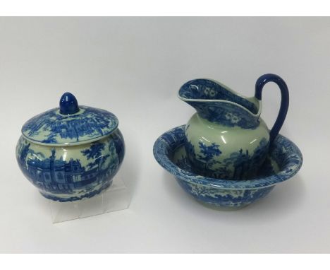 A reproduction blue and white jug and basin set, together with a jar and cover.