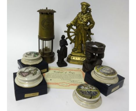 Old miners lamp, marine figure brass door stop, small metal sculpture 'Joan of Arc' , carving and replica ship chart pottery 