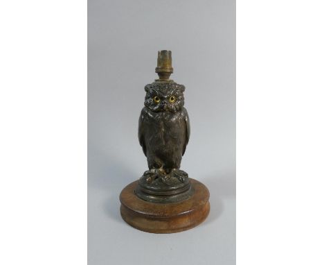 An Early 20th Century Austrian Cold Painted Spelter Table Lamp Modelled as an Owl with Glass Eyes. 23cms High 