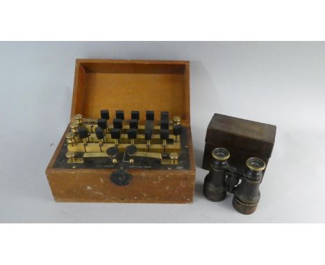 A Pair of Early 20th Century Binoculars (AF) with Wooden Cases Together with a Cased Philip Harris Galvanometer