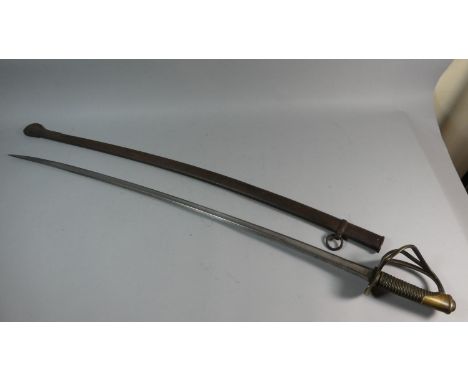 A 19th Century French Light Cavalry Sword with Brass Guard and Wired Handle. Blade Inscribed 'Juin 1889', Metal Scabbard