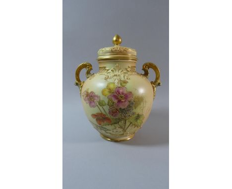 A Royal Worcester Blush Ivory Two Handled Potpourri Vase and Cover with Floral Decoration. Shape No 1515. 24cms High 