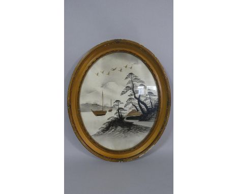 An Oval Japanese Framed Print with Gilt Highlights Depicting House, oats and Birds in Flight with Mount Fuji in Background, 4