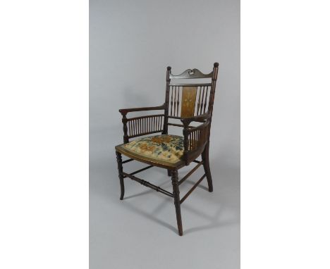 An Edwardian Inlaid Spindle Back Armchair with Tapestry Seat
