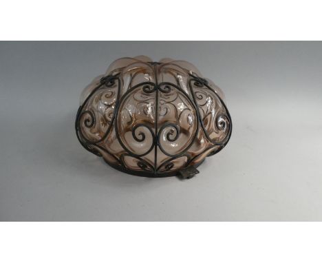A Mid 20th Century Wrought Iron Mounted Glass Light Shade, 32cm Diameter