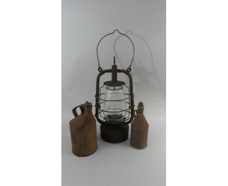 A Vintage Hurricane Lamp, British Rail (Midland) Oil Can and One Other&nbsp;