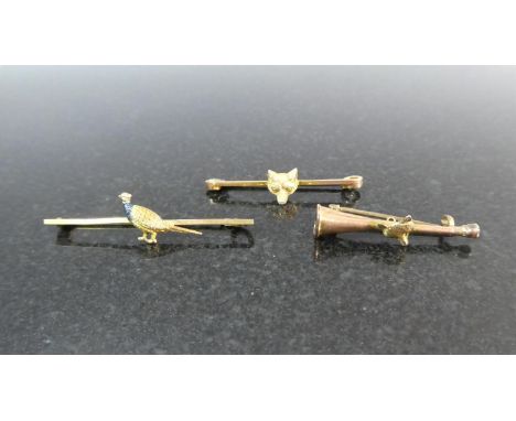Two 9ct Gold Brooches and One Unmarked Yellow Metal Example, Sporting Theme, Fox Mask on Hunting Horn, Fox Mask on Bar and En