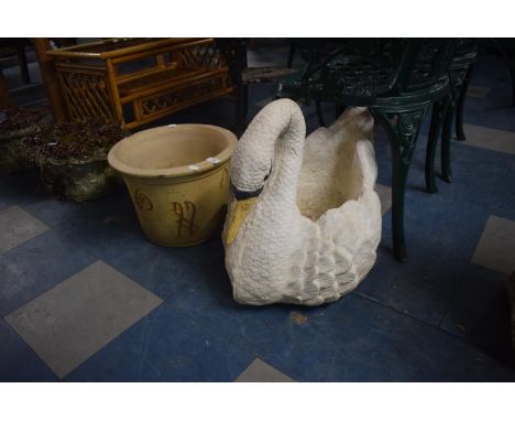 A Moulded Reconstituted Stone Patio Planter in the Form of a Swan Together with a Stoneware Plant Pot