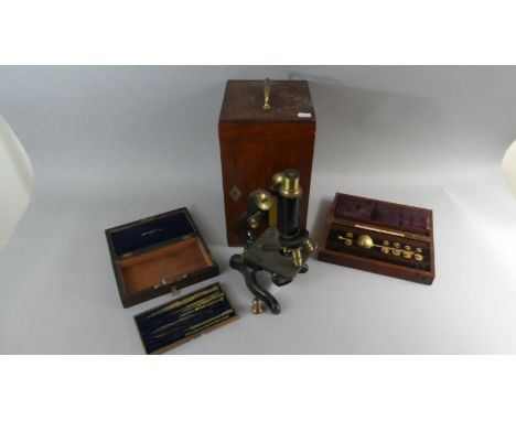 A Mahogany Cased Watson "Service" Microscope Together with Cased Sikes Hydrometer (Incomplete) and French Drawing Set