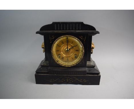 A French Slate and Marble Architectural Mantle Clock with Gilt Dial and Lion Mask Carrying Handles, 29.5cm Wide&nbsp;