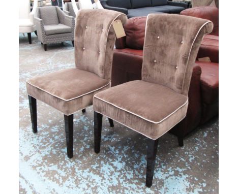 DINING CHAIRS, a set of six, in button back chenille with contrasting piping, each 52cm W x 97cm H x 50cm D. (6)