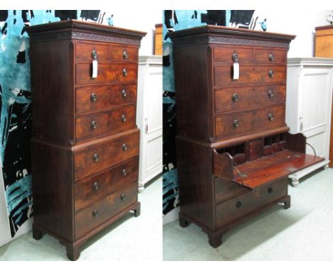 SECRETAIRE CHEST ON CHEST, George III mahogany with two short over three long drawers, the base with a fitted writing drawer 