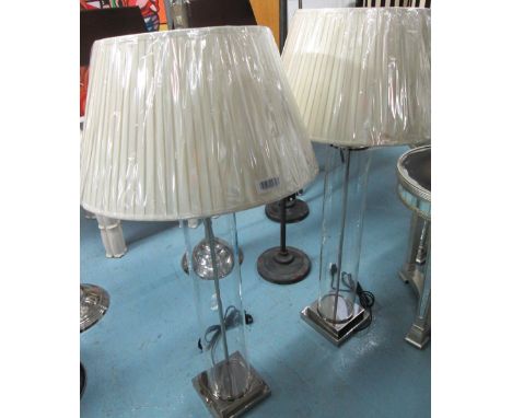 TABLE LAMP, a pair, with glass tube on chromed metal mounts, with shade, 123cm H. (2)