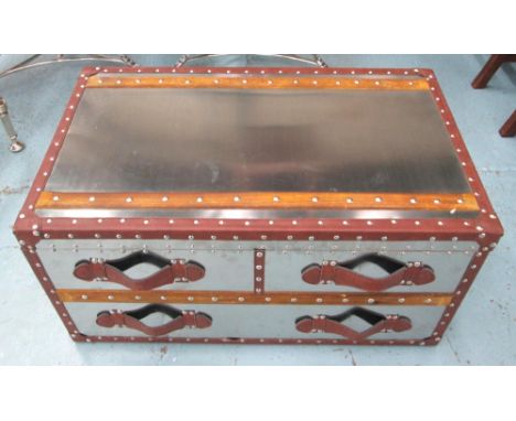 STEAMER TRUNK, with lift up lid and faux drawers below in stainless steel finish, 80cm x 49cm x 40cm H. 