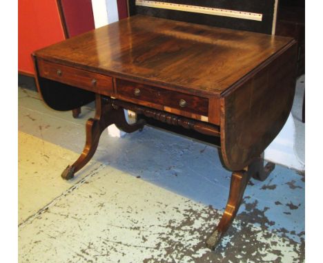 SOFA TABLE, Regency rosewood and burr yew crossbanded with four frieze drawers and gilt bronze caps, 77cm D x 95cm D x 75cm H