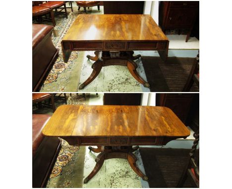 SOFA TABLE, George IV rosewood with drop flaps and two drawers below on dual reeded turned columns with acanthus leaf carved 