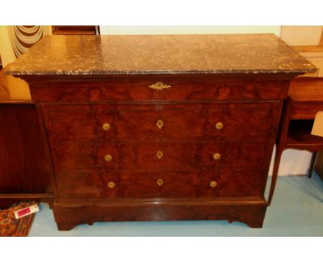 COMMODE, Louis Philippe, burr walnut with grey marble top above four drawers, 97cm H x 130cm W x 60cm D. 
